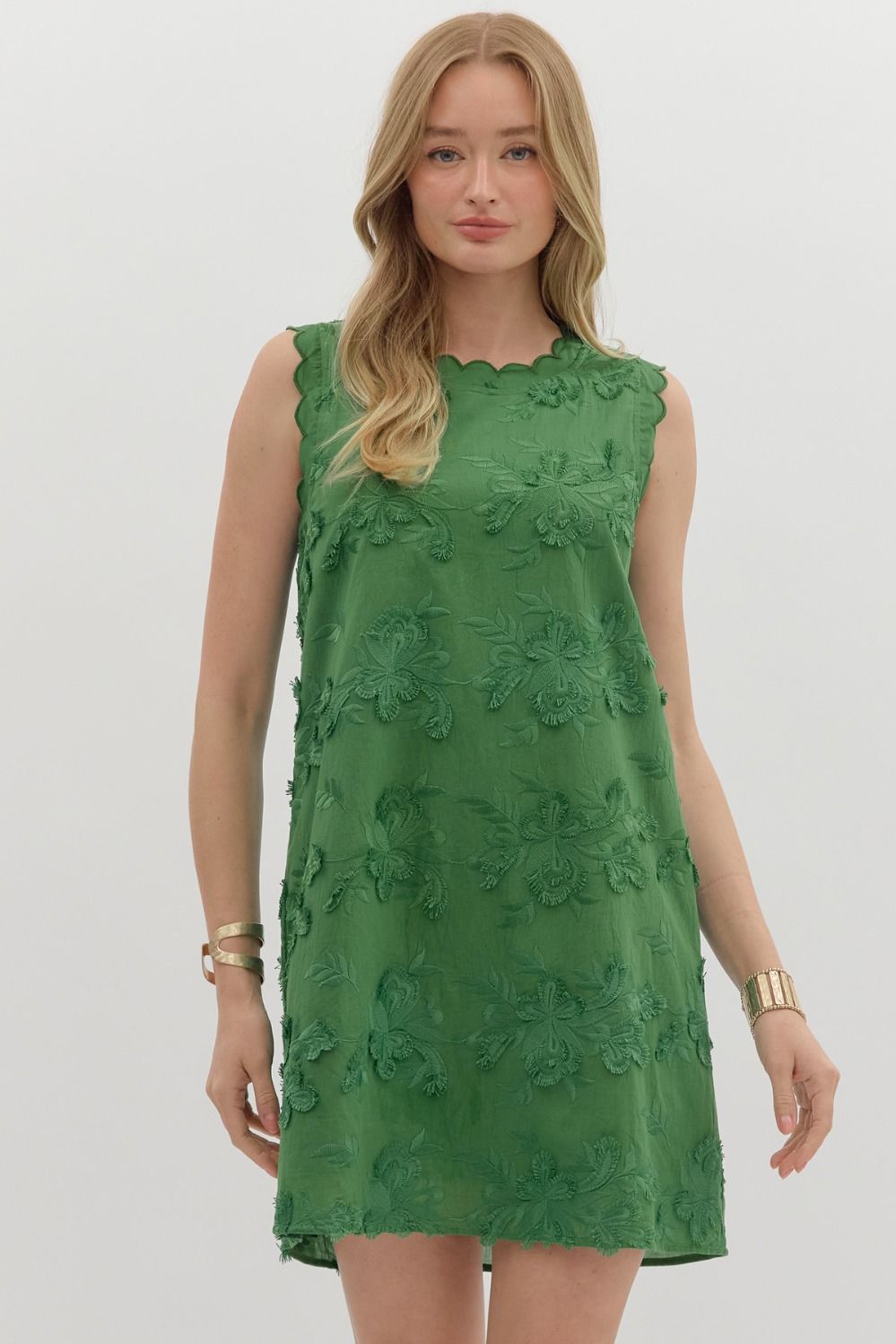 GREEN FLORAL ACCENTED SLEEVELESS DRESS