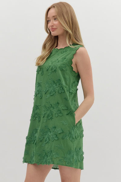 GREEN FLORAL ACCENTED SLEEVELESS DRESS