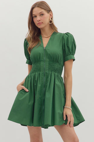 GREEN SMOCKED WAIST MNI DRESS