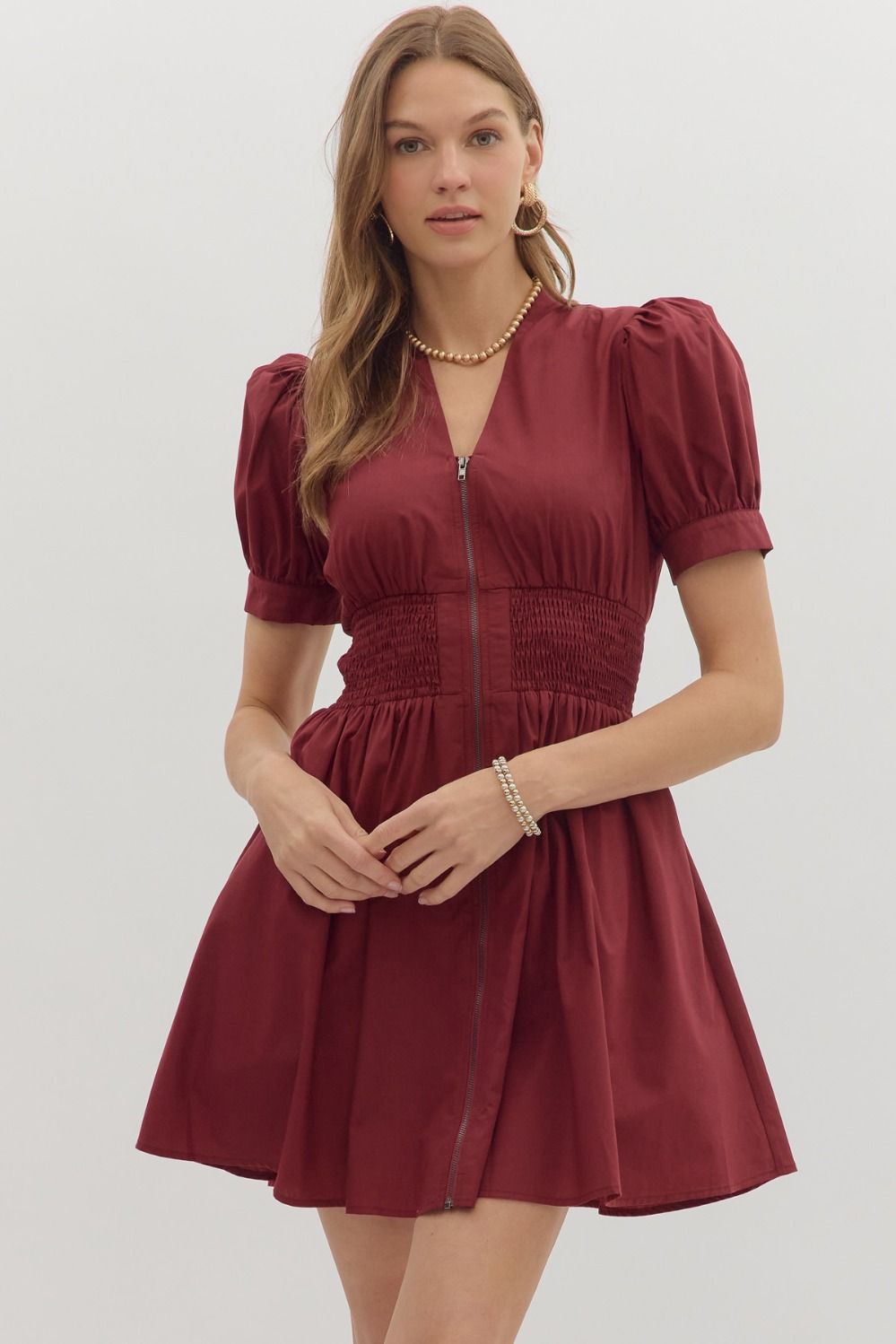 BURGUNDY SMOCKED WAIST MINI DRESS