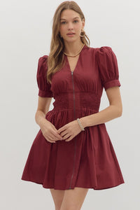 BURGUNDY SMOCKED WAIST MINI DRESS