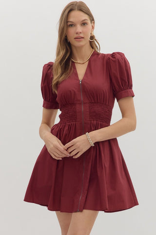 BURGUNDY SMOCKED WAIST MINI DRESS