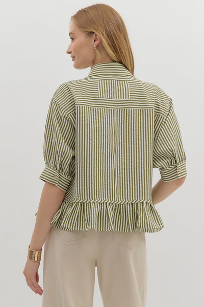 GREEN STRIPE RUFFLE HEM TOP