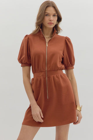 RUST SOLID SHORT PUFF SLEEVE DRESS