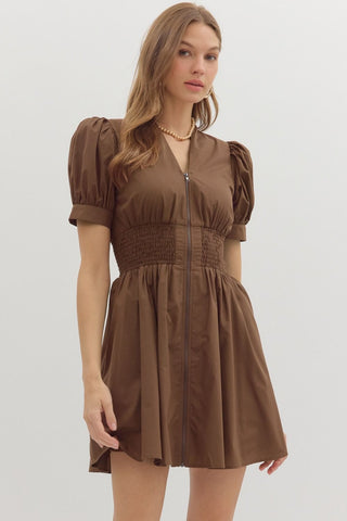 BROWN SMOCKED WAIST MINI DRESS