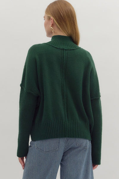 GREEN SOLID HIGH NECK SWEATER