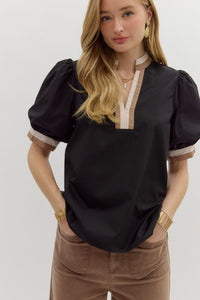 BLACK PUFF SLEEVE TOP WITH TAN AND WHITE TRIM