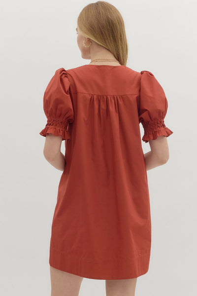 RUST PUFF SLEEVE DRESS