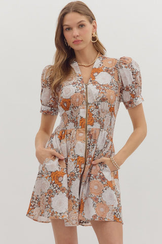 RUST FLORAL PRINT ZIP-UP DRESS