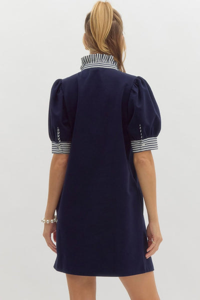 NAVY POLO DRESS WITH STRIPED DETAILS