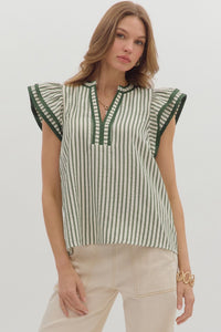 GREEN STRIPED FLUTTER SLEEVE TOP