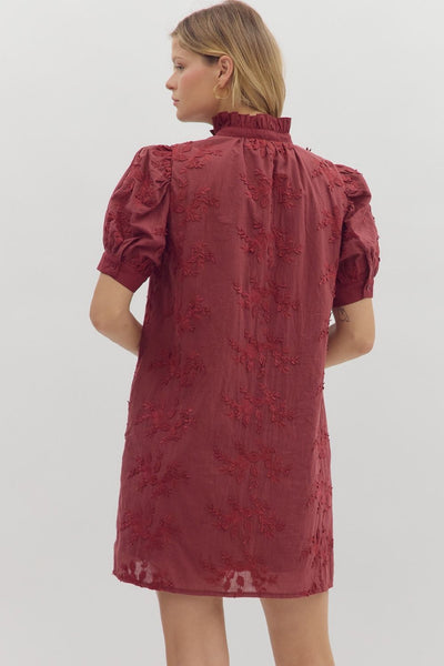 BURGUNDY SHORT SLEEVE FLORAL BUTTON UP DRESS