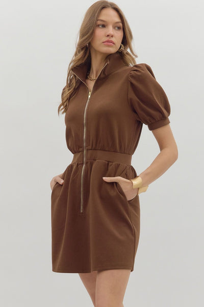 ESPRESSO SOLID SHORT PUFF SLEEVE ZIP-UP DRESS