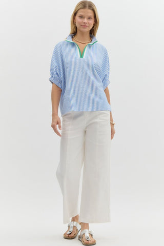 BLUE AND WHITE STRIPED DOLMAN STRIPED TOP