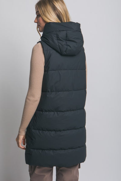 HOODED LONG BLACK PUFFER VEST
