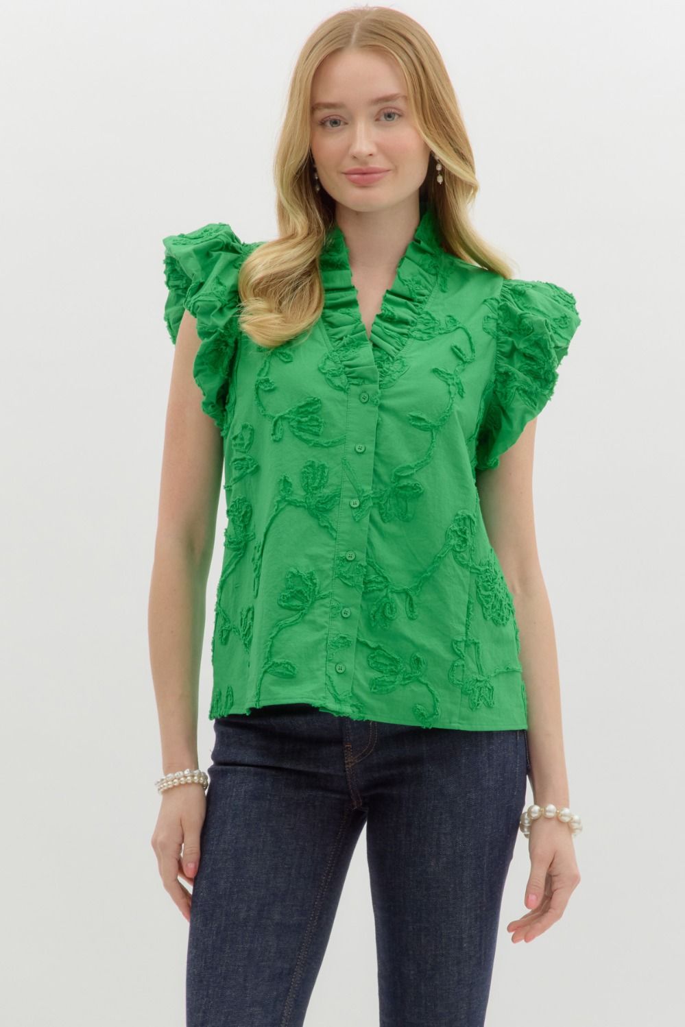 GREEN FLORAL BUBBLE FLUTTER SLEEVE TOP