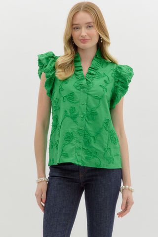 GREEN FLORAL BUBBLE FLUTTER SLEEVE TOP