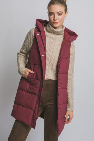 HOODED LONG BURGUNDY PUFFER VEST