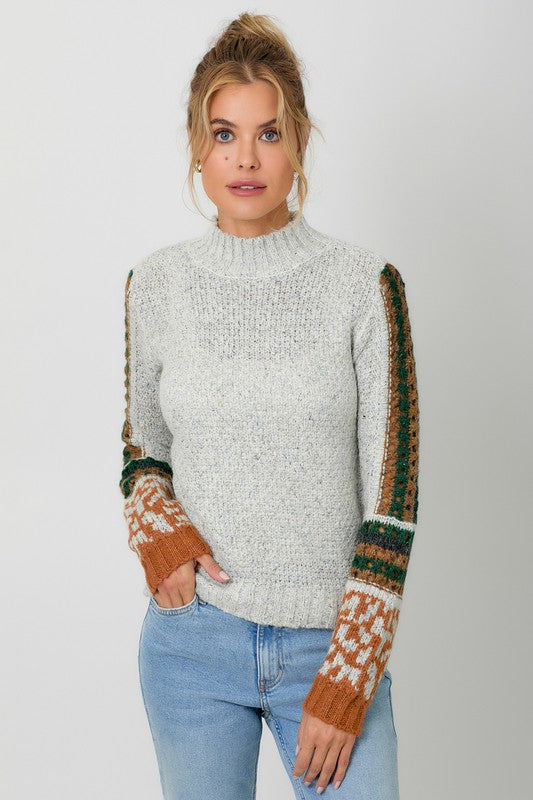 GRAY MOCK NECK DETAILED SLEEVE SWEATER