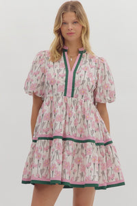 PINK AND GREEN BUBBLE SLEEVE DRESS