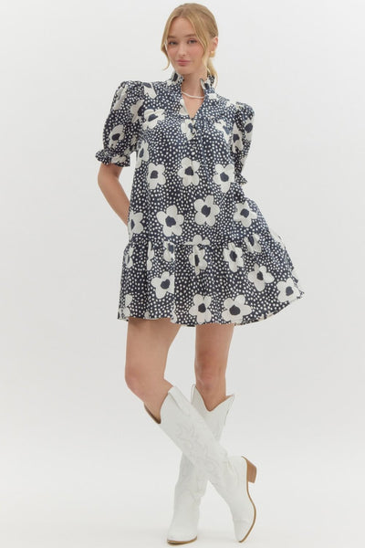 NAVY FLORAL PRINT PUFF SLEEVE DRESS