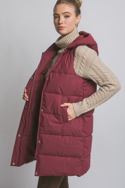 HOODED LONG BURGUNDY PUFFER VEST