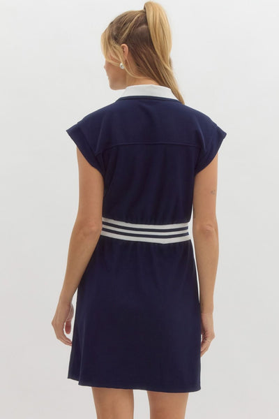 NAVY JERSEY CAP SLEEVE DRESS