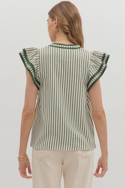 GREEN STRIPED FLUTTER SLEEVE TOP