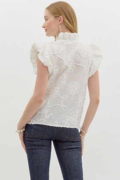 WHITE FLORAL BUBBLE SLEEVE TOP