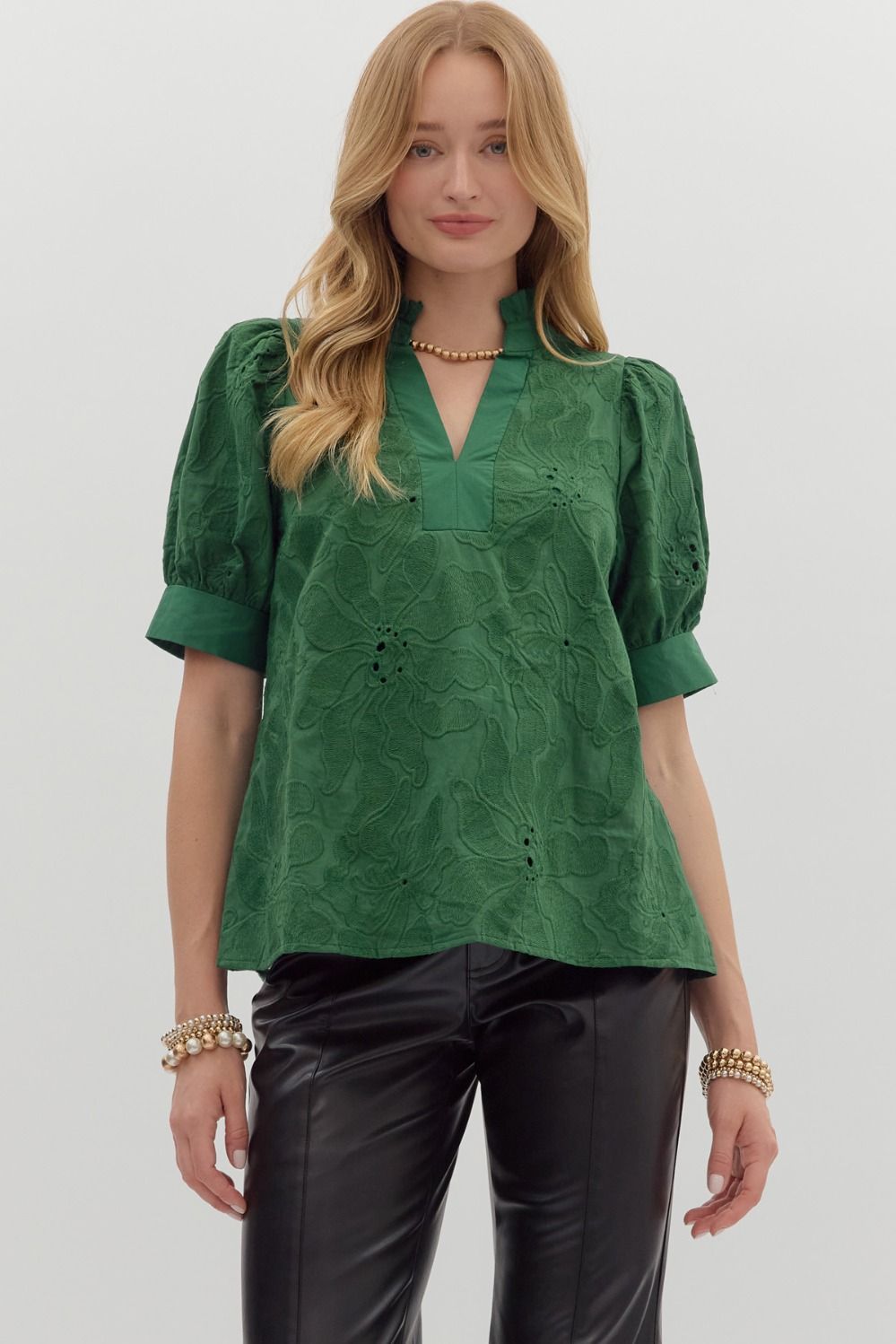 GREEN FLORAL EMBROIDERED PUFF SLEEVE TOP