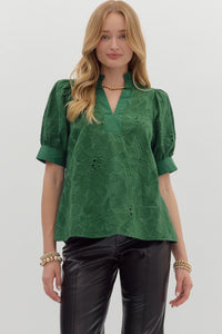 GREEN FLORAL EMBROIDERED PUFF SLEEVE TOP