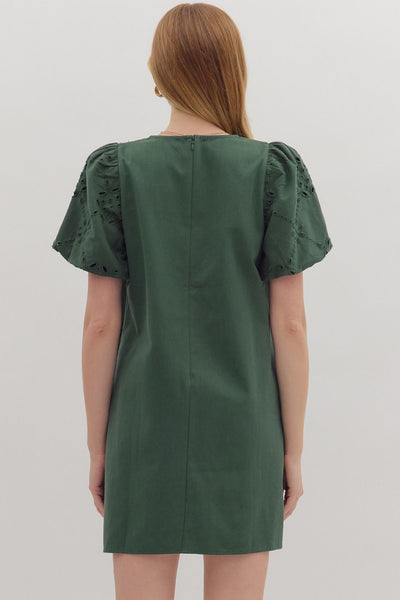 PINE PUFF SLEEVE EYELET DRESS