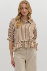 BROWN STRIPE RUFFLE HEM TOP