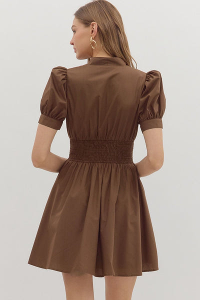 BROWN SMOCKED WAIST MINI DRESS