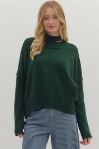 GREEN SOLID HIGH NECK SWEATER