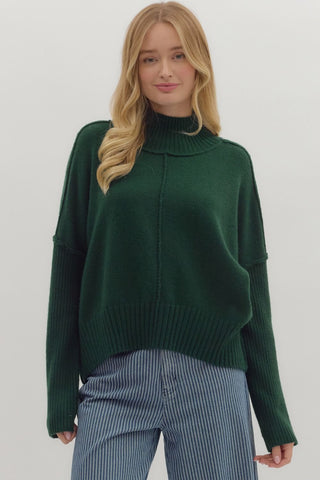 GREEN SOLID HIGH NECK SWEATER