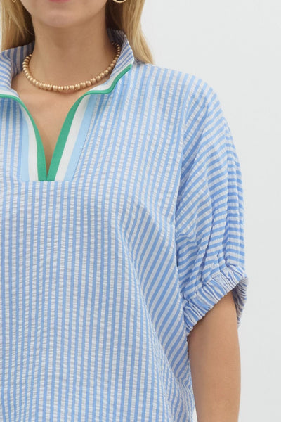 BLUE AND WHITE STRIPED DOLMAN STRIPED TOP