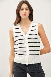 BLACK STRIPED BUTTON UP V-NECK VEST