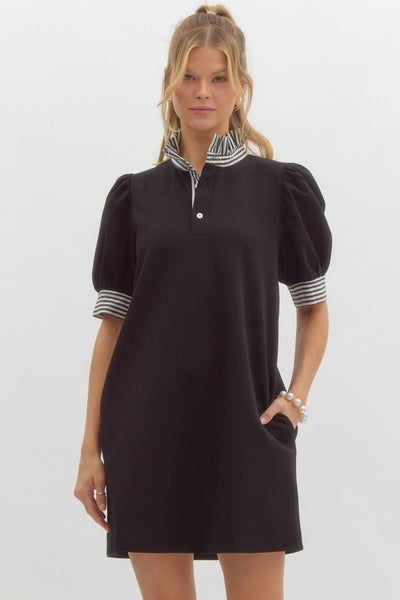 BLACK DRESS WITH STRIPED DETAILS ON COLLAR