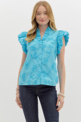 OCEAN BLUE BUBBLE FLUTTER SLEEVE TOP