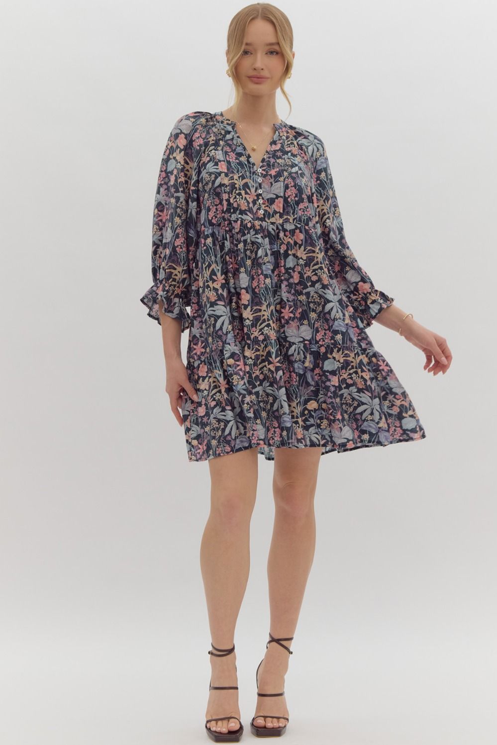 BLACK FLORAL 3/4 SLEEVE DRESS