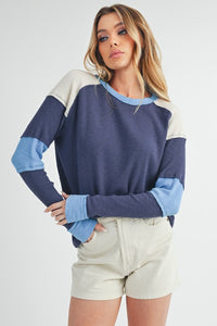 BLUE COLOR BLOCK LONG SLEEVE TOP