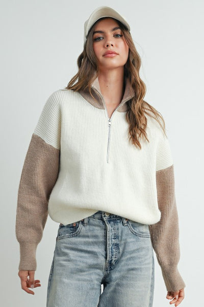 IVORY AND TAUPE COLOR BLOCK SWEATER
