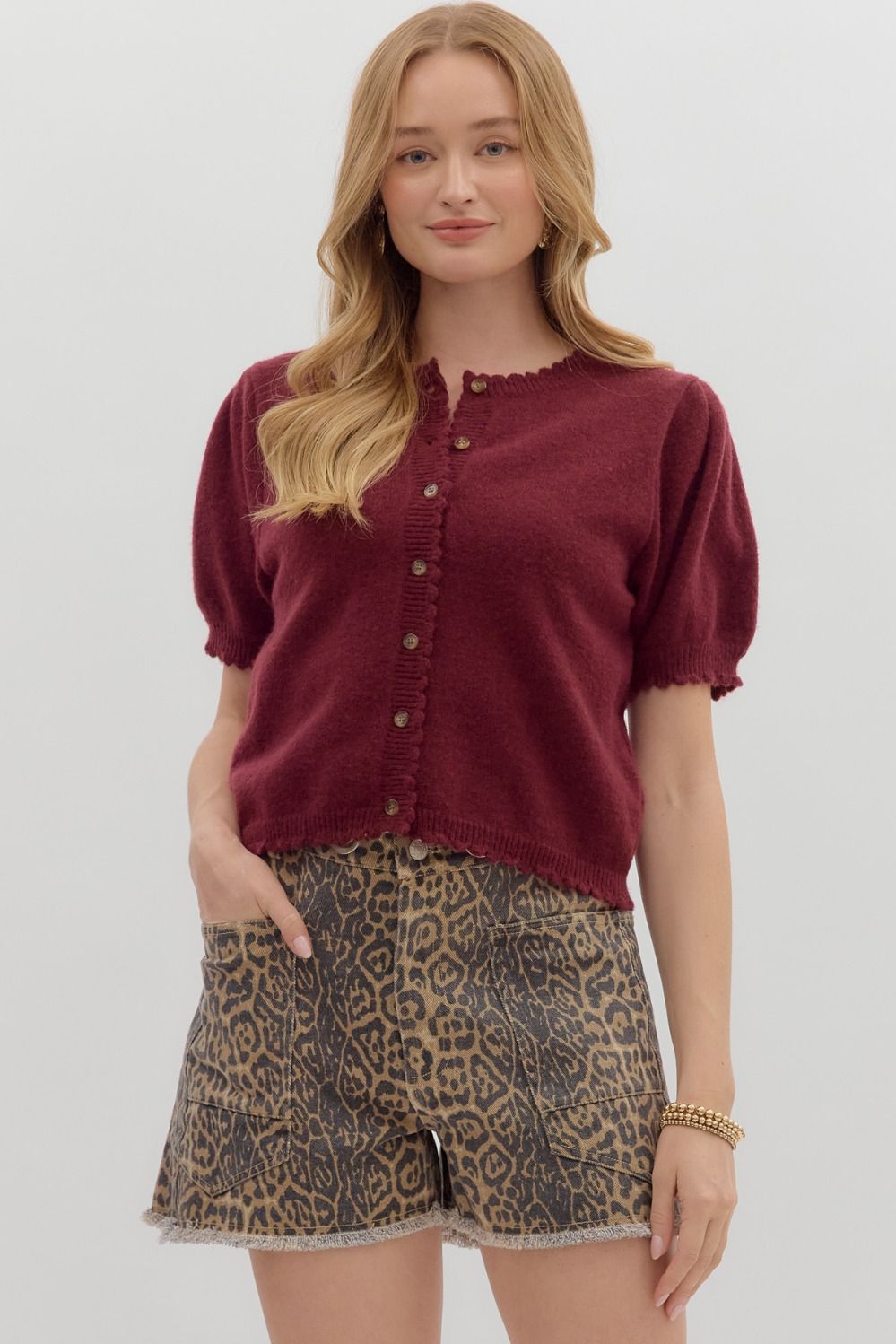 WINE SHORT PUFF SLEEVE KNIT SWEATER