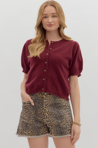 WINE SHORT PUFF SLEEVE KNIT SWEATER