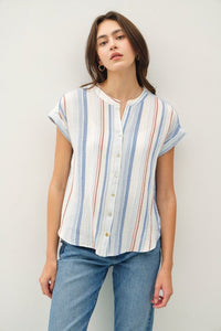 BLUE STRIPED GAUZE BUTTON UP TOP