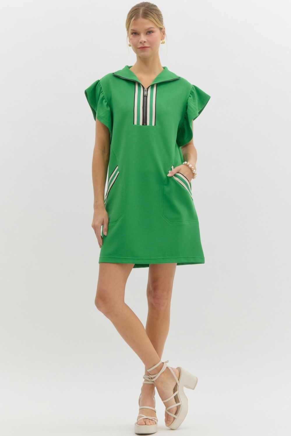 GREEN HALF ZIP FLUTTER SLEEVE DRESS Parker Jane Boutique GREEN HALF ZIP FLUTTER SLEEVE DRESS Parker Jane Boutique