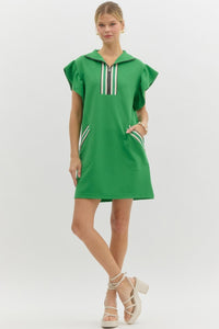 GREEN HALF ZIP FLUTTER SLEEVE DRESS