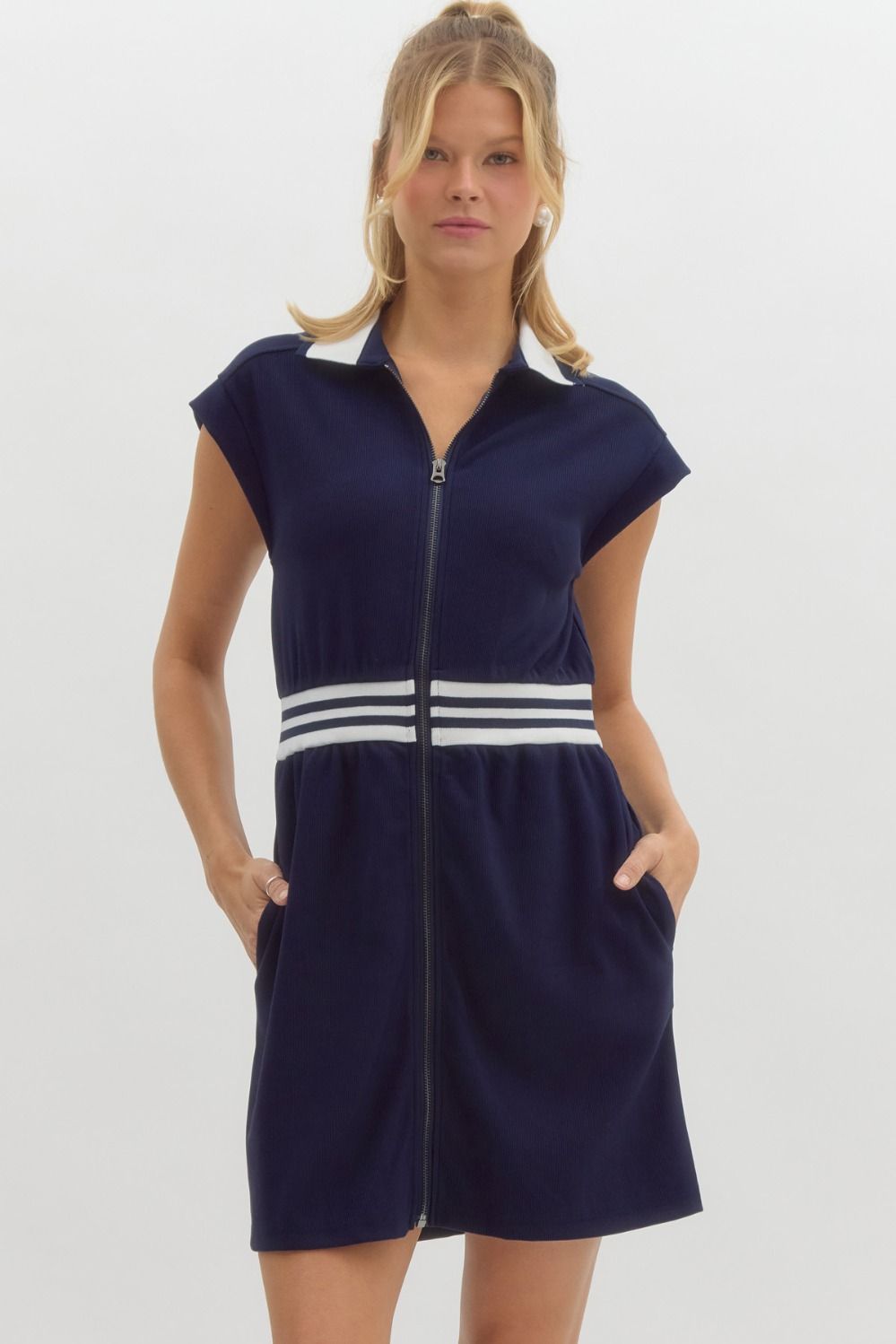 NAVY JERSEY CAP SLEEVE DRESS