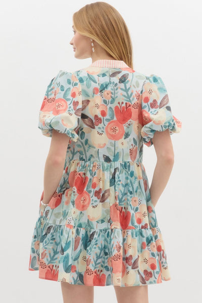 SEAFOAM SHORT SLEEVE FLORAL DRESS